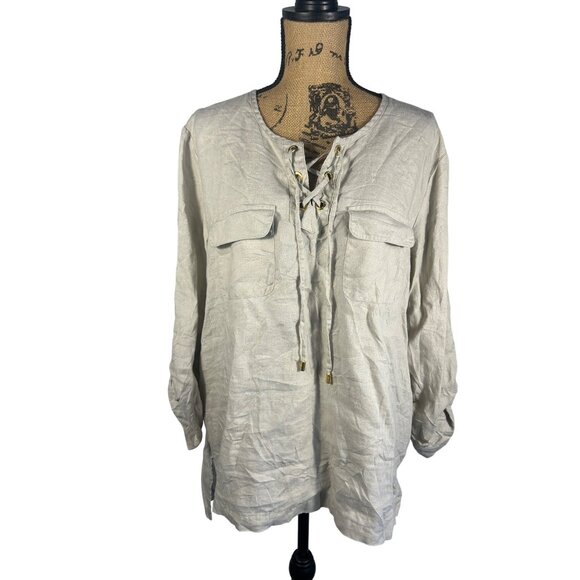 Ellen Tracy Tops - Ellen Tracy Womens Beige Linen Lace-Up Blouse Top With Pockets Size XL Lagenlook